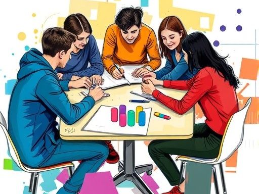 A drawing of five people sitting around a table, looking at workbook. They are smiling. There are some highlighters and pens on the table. The background is very colorful. 