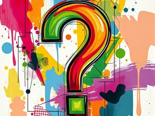 A question mark that is outlined in black and coloured in green, yellow, red and orange. The background is paint splatters in lots of different colours. 