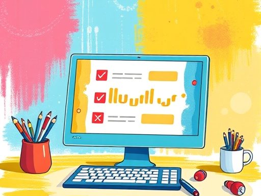 A drawing of a computer screen and a keyboard on top of a desk. There is a survey open on the computer screen. There two are pen holders, full of colouring-in pencils, on top of the desk. The wall behind the computer is pink, blue and yellow. 
